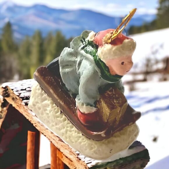 Vtg Micro Mini Boy Sledding Ornament Victorian Style Christmas Christmas Tree. - Picture 1 of 12